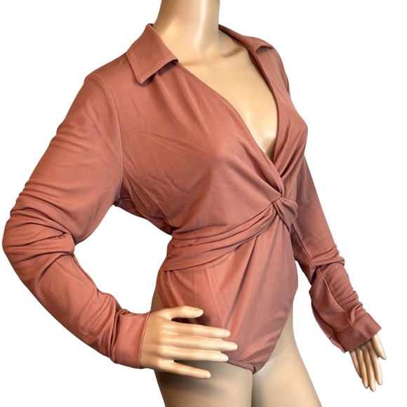 Donna Karan New York NWT Size L Mauve Lina Sleeve Collared Bodysuit (0051) - Picture 2 of 12